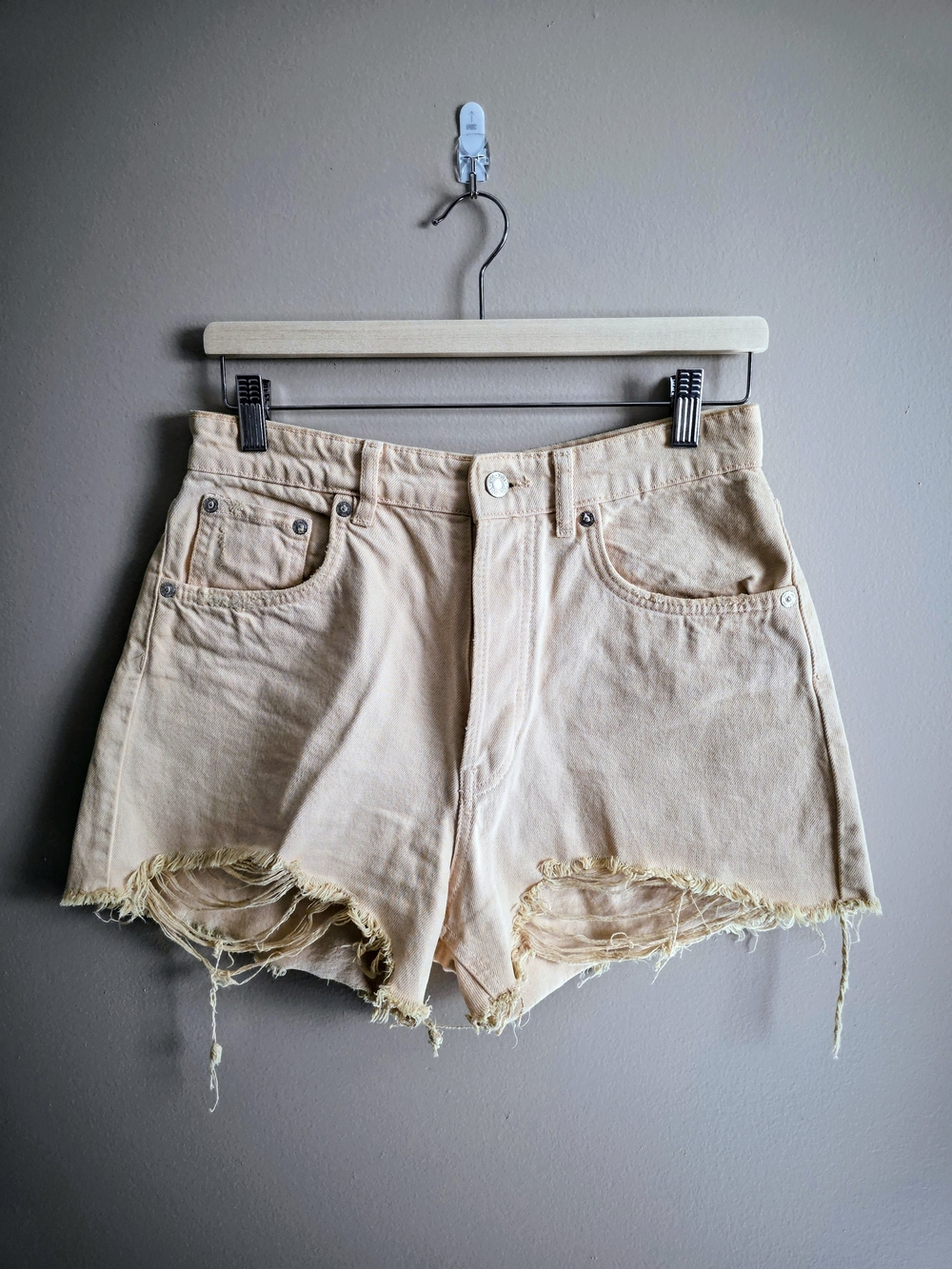 High-Rise Distressed Women's Shorts in Pale Yellow